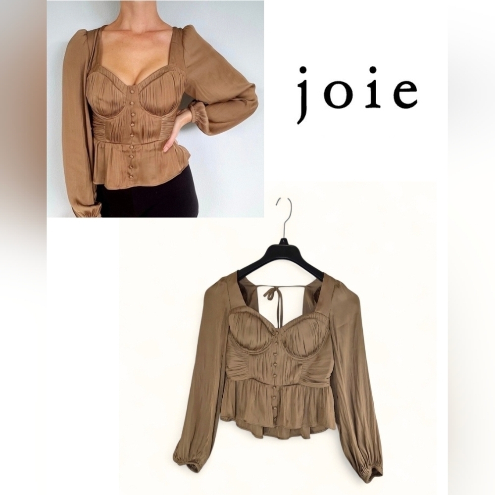 Joie XS Tan Satin Corset Top Puff Sleeve Cutout Tie-Back Romantic Date Night - Picture 2 of 11